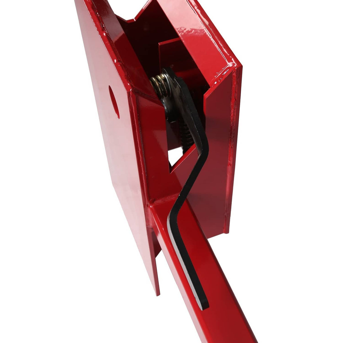 Red adapter plate with black latch handle and hardware detail