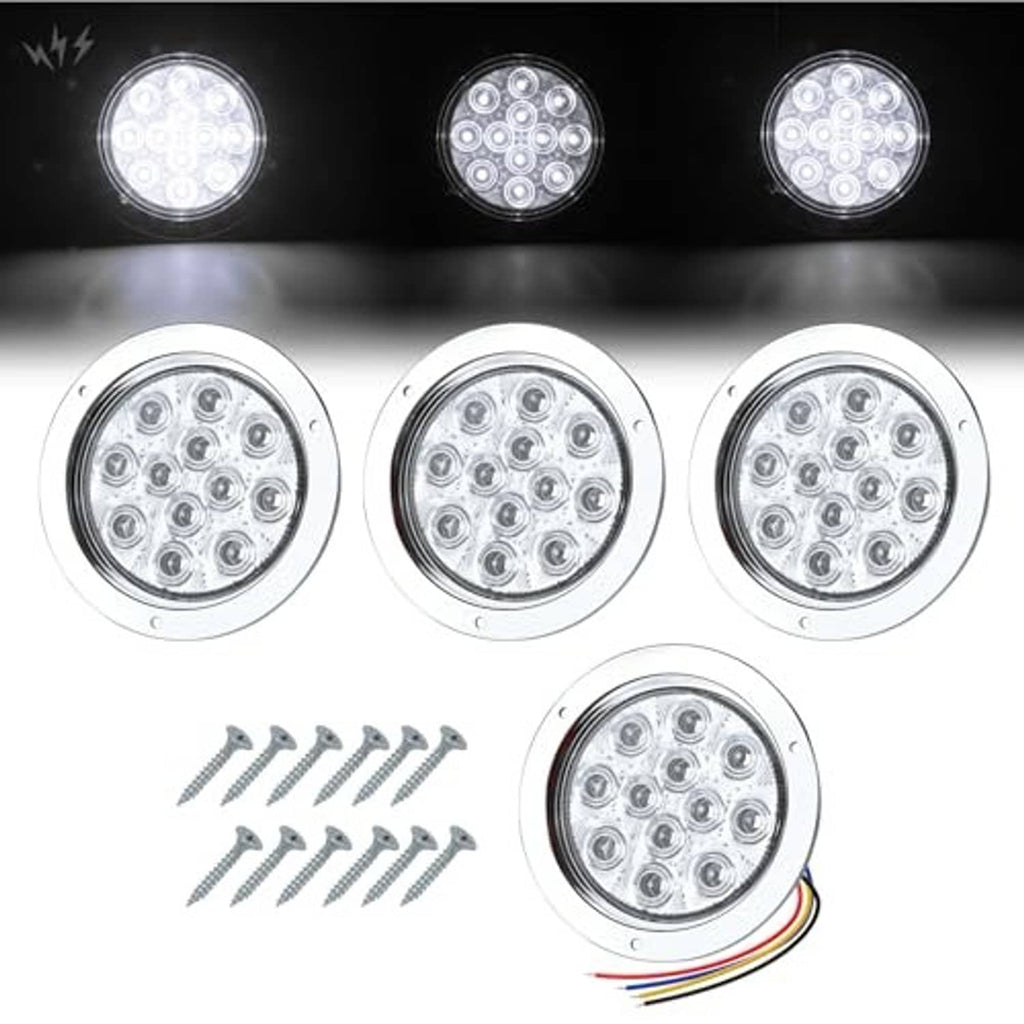 Set of white 4-inch LED strobe trailer tail lights with mounting screws and wiring.
