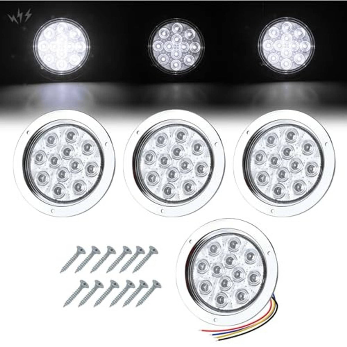Set of white 4-inch LED strobe trailer tail lights with mounting screws and wiring.