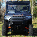 UTV full windshield with dark tint and black frame on the front of a Ranger Crew
