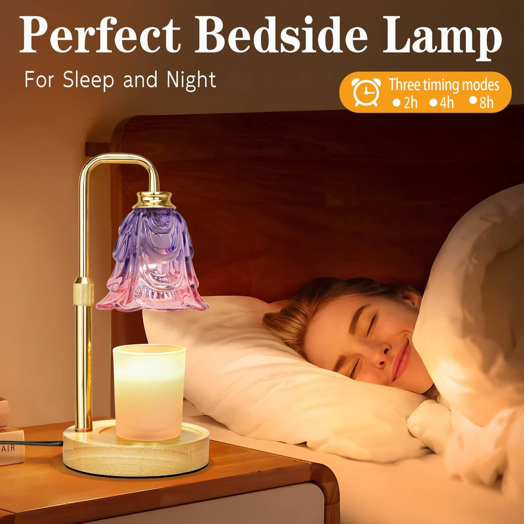 Bedside candle warmer lamp with lavender flower glass shade and warm glowing candle