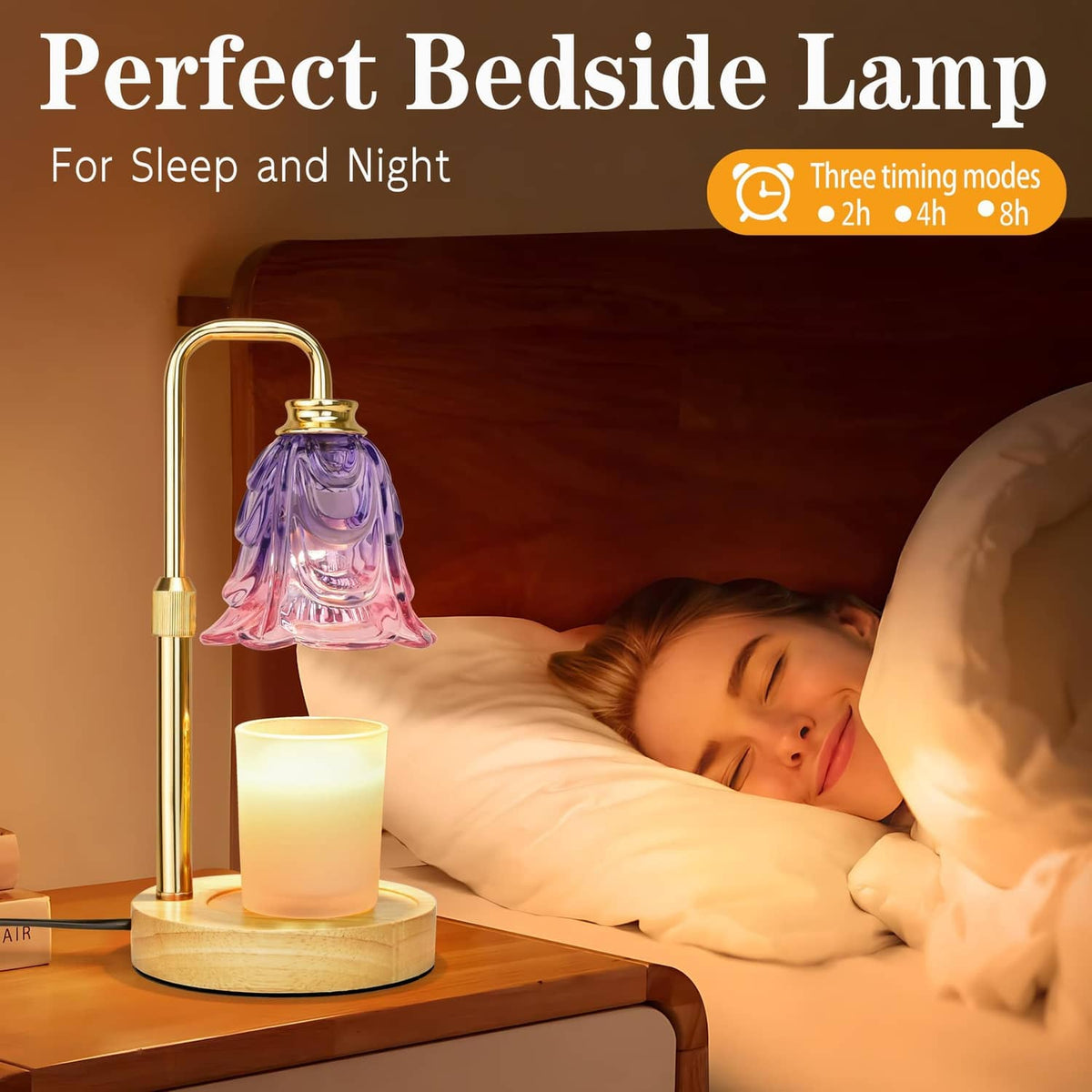 Bedside candle warmer lamp with lavender flower glass shade and warm glowing candle