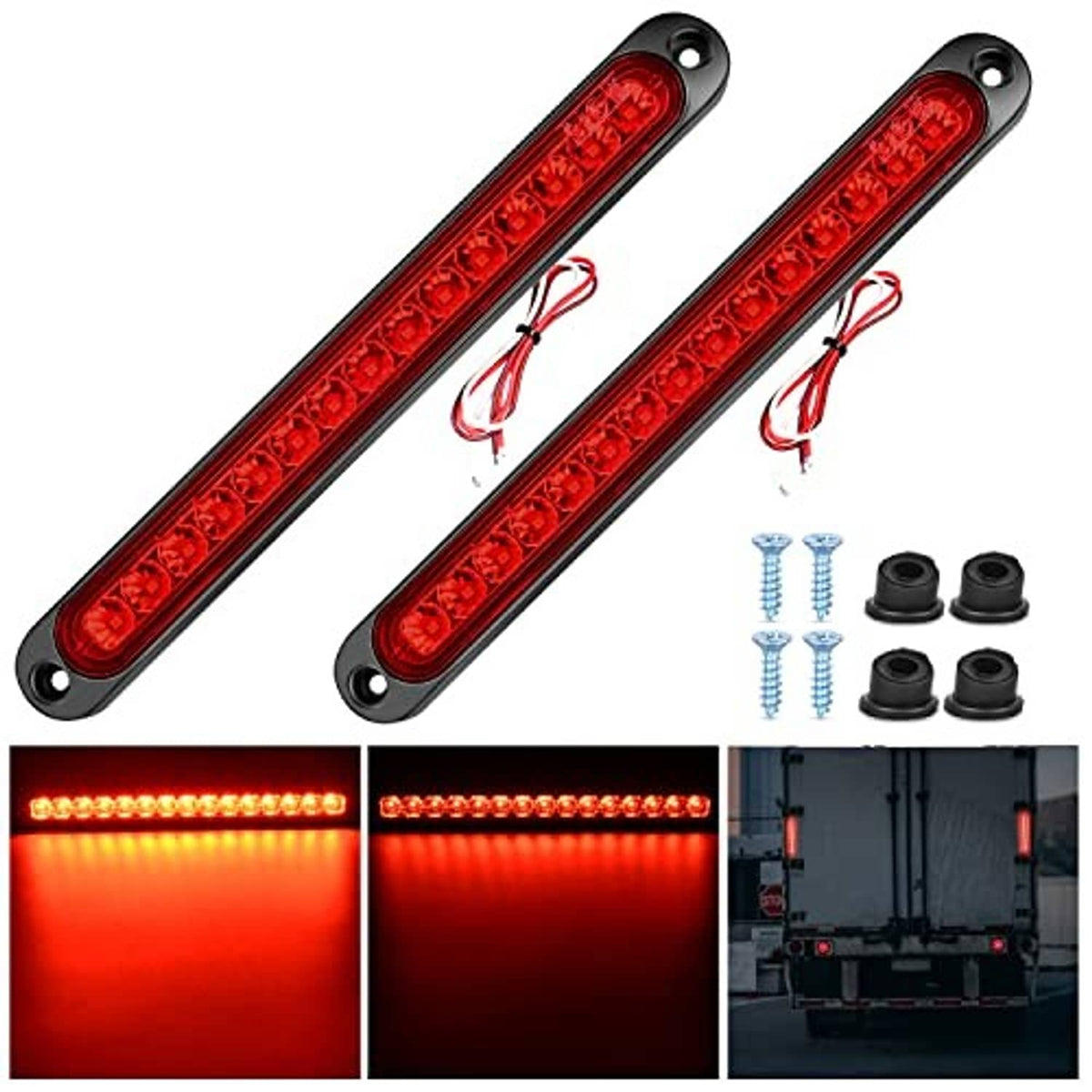 Red LED trailer light bars, two slim strips with mounting holes and wiring leads