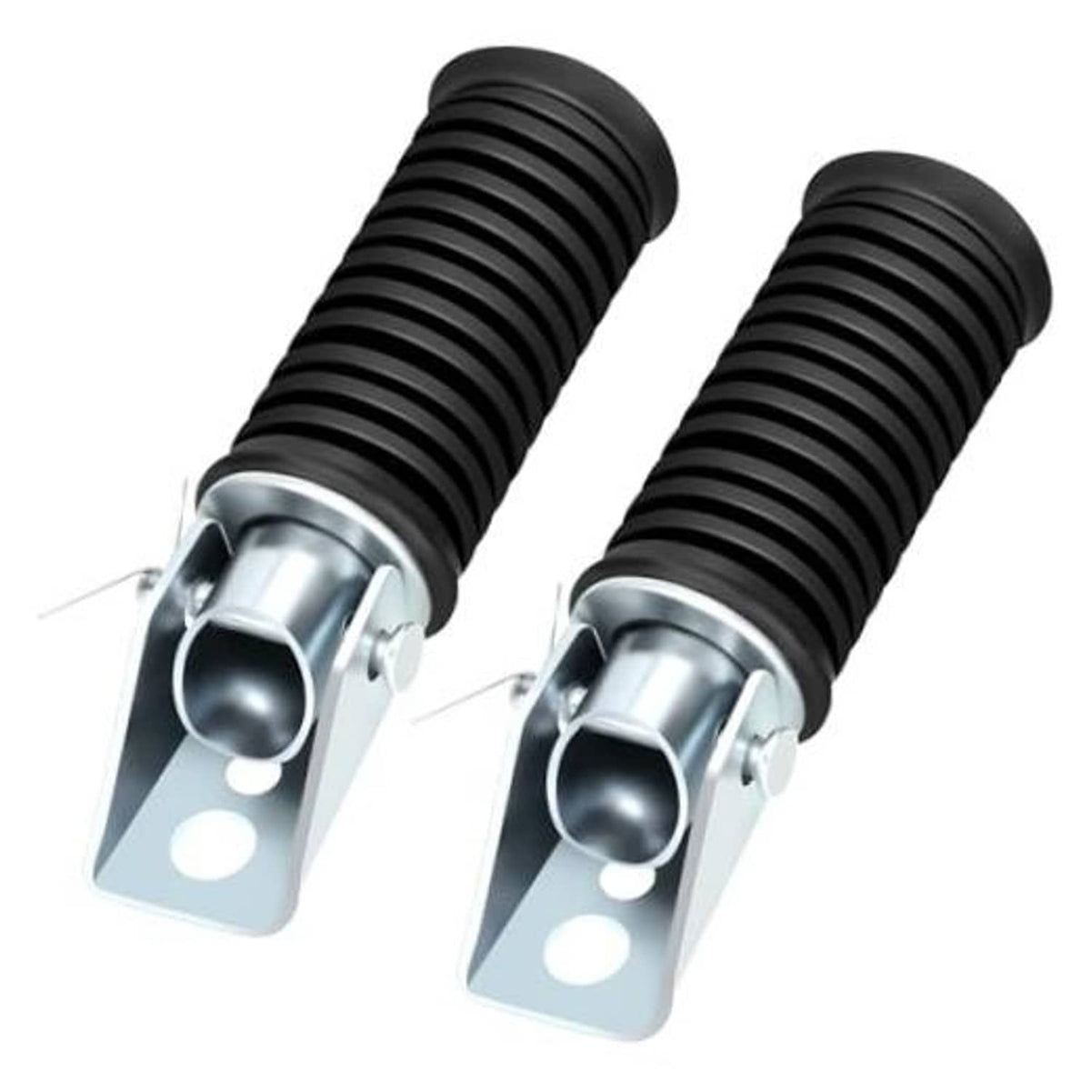 Mini bike foot pegs with black ribbed rubber grips and silver metal brackets, pair