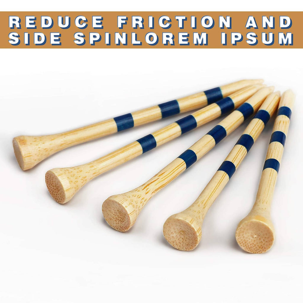 Natural bamboo golf tees bundle with blue stripe bands and rounded tee heads