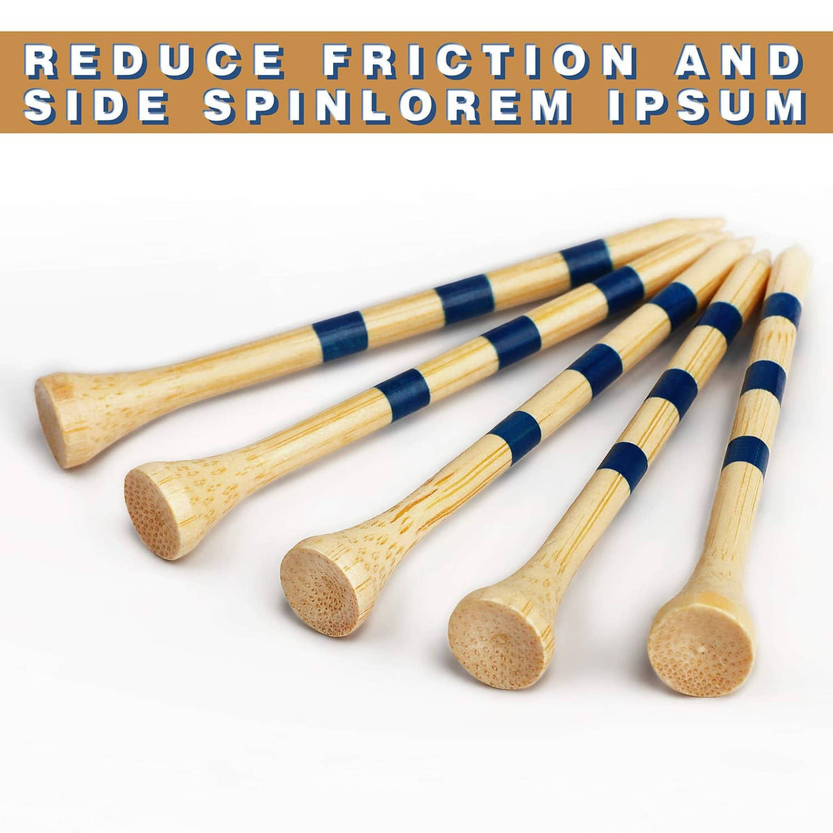 Natural bamboo golf tees bundle with blue stripe bands and rounded tee heads