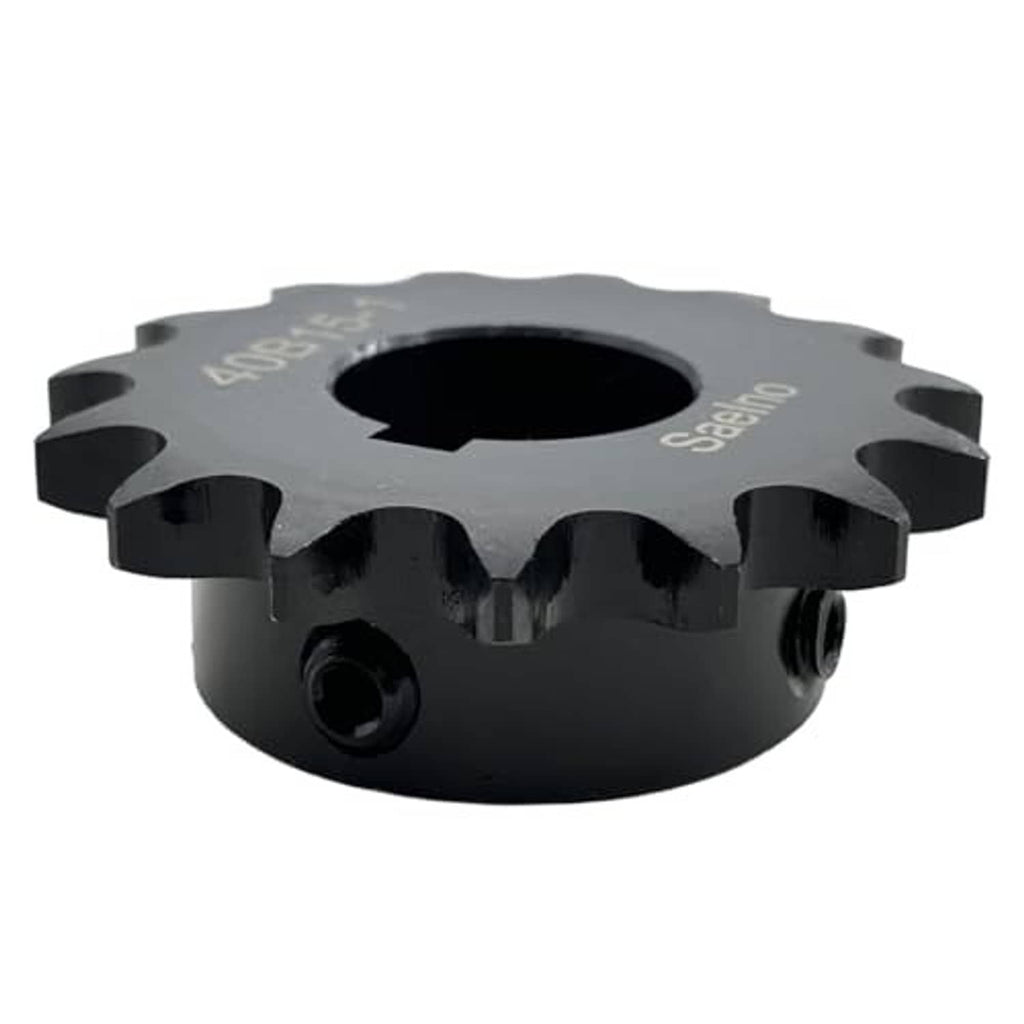 Side view of dark roller chain sprocket with mounting holes and 4OB15-1 marking