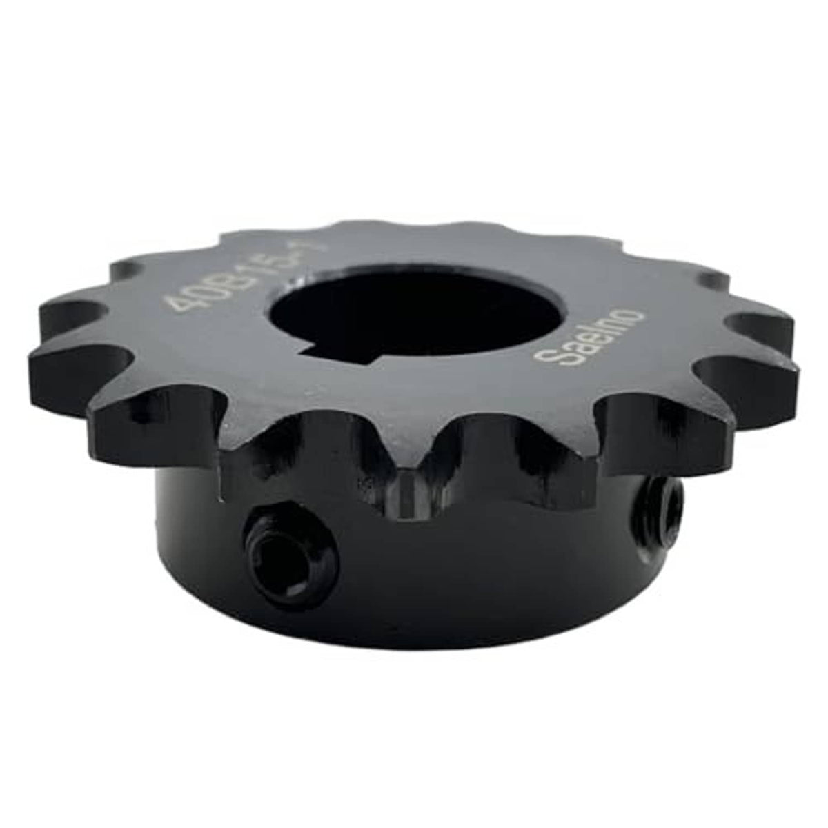 Side view of dark roller chain sprocket with mounting holes and 4OB15-1 marking