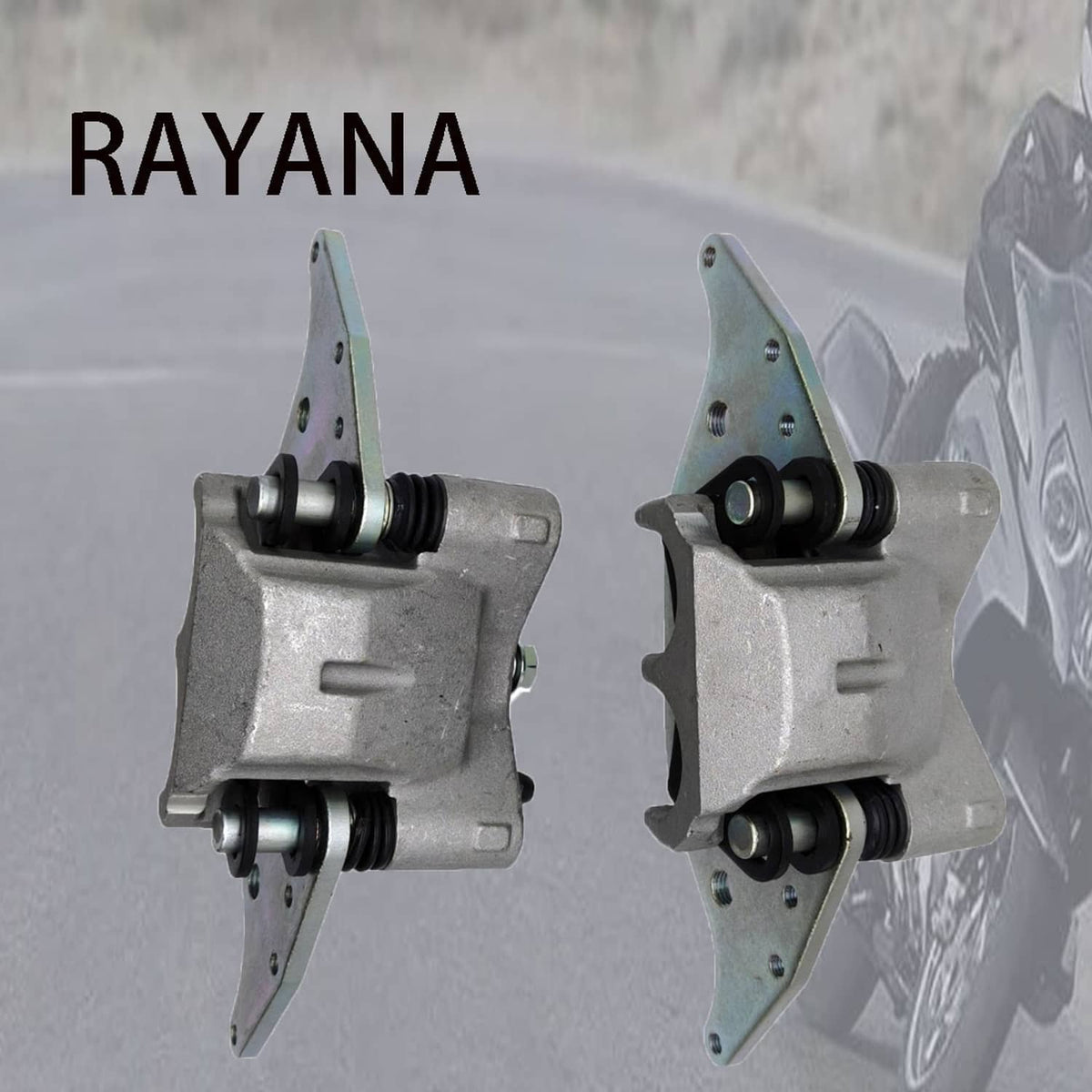 Pair of front brake calipers on metal backing plates with mounting bolts