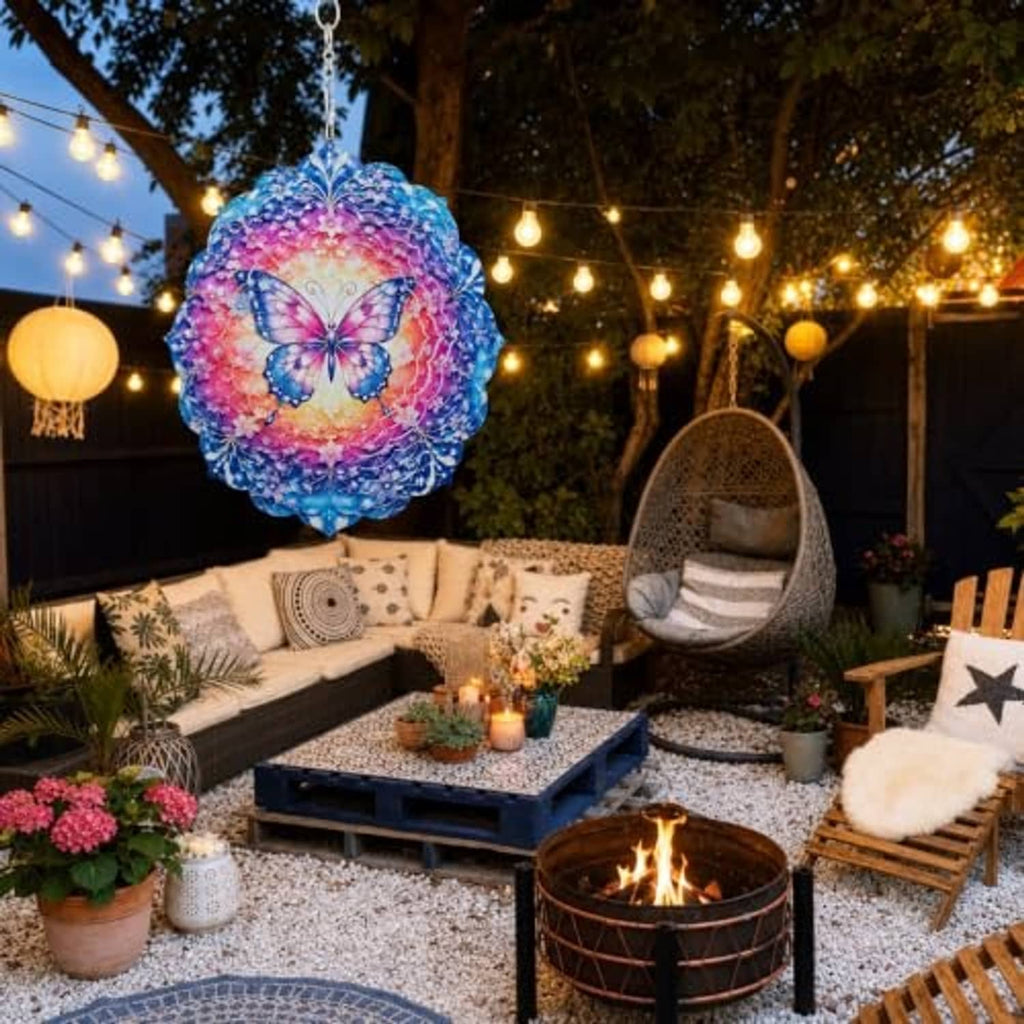 Round butterfly wind spinner with blue-purple floral pattern hanging in garden