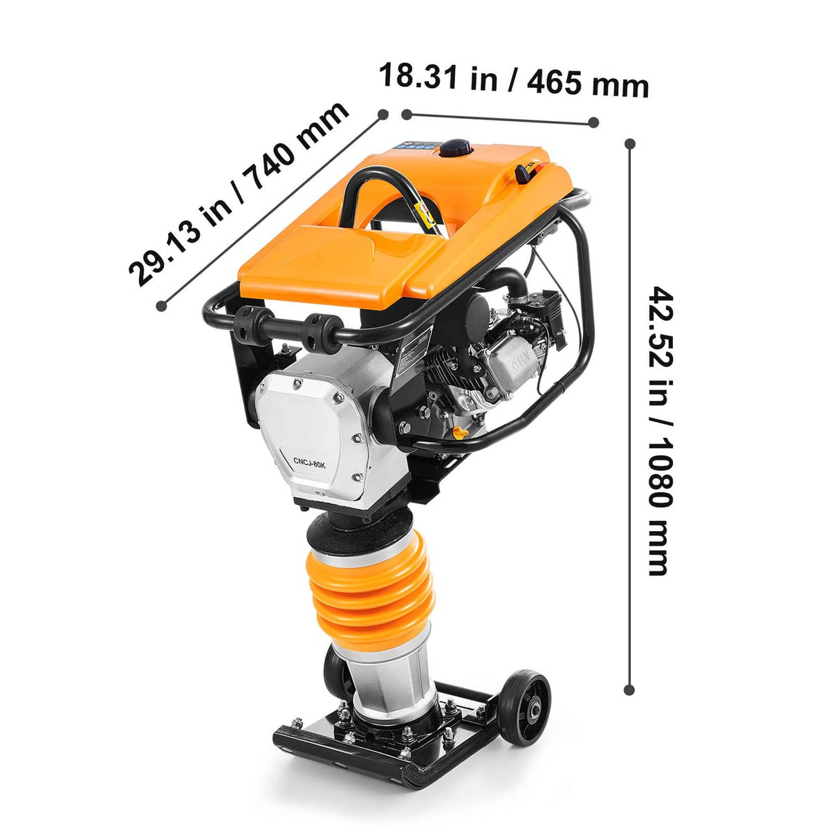 Orange vibratory rammer tamper shown front view with spring shock and wheels