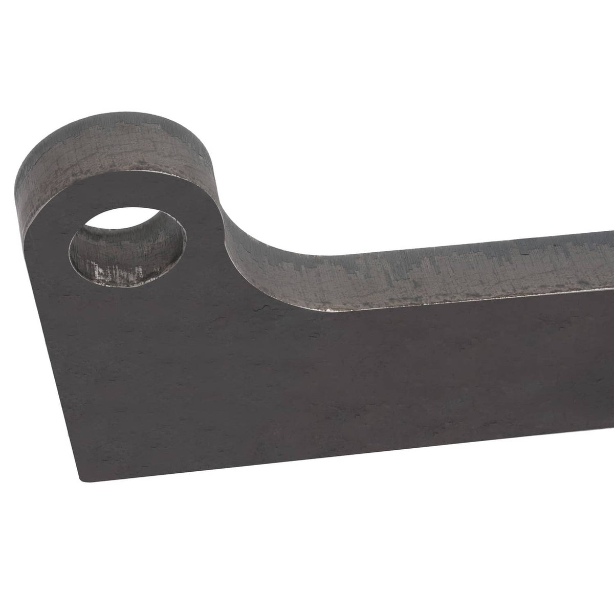 Steel quick-attach loader mount, dark finish, circular pin hole and curved hook end