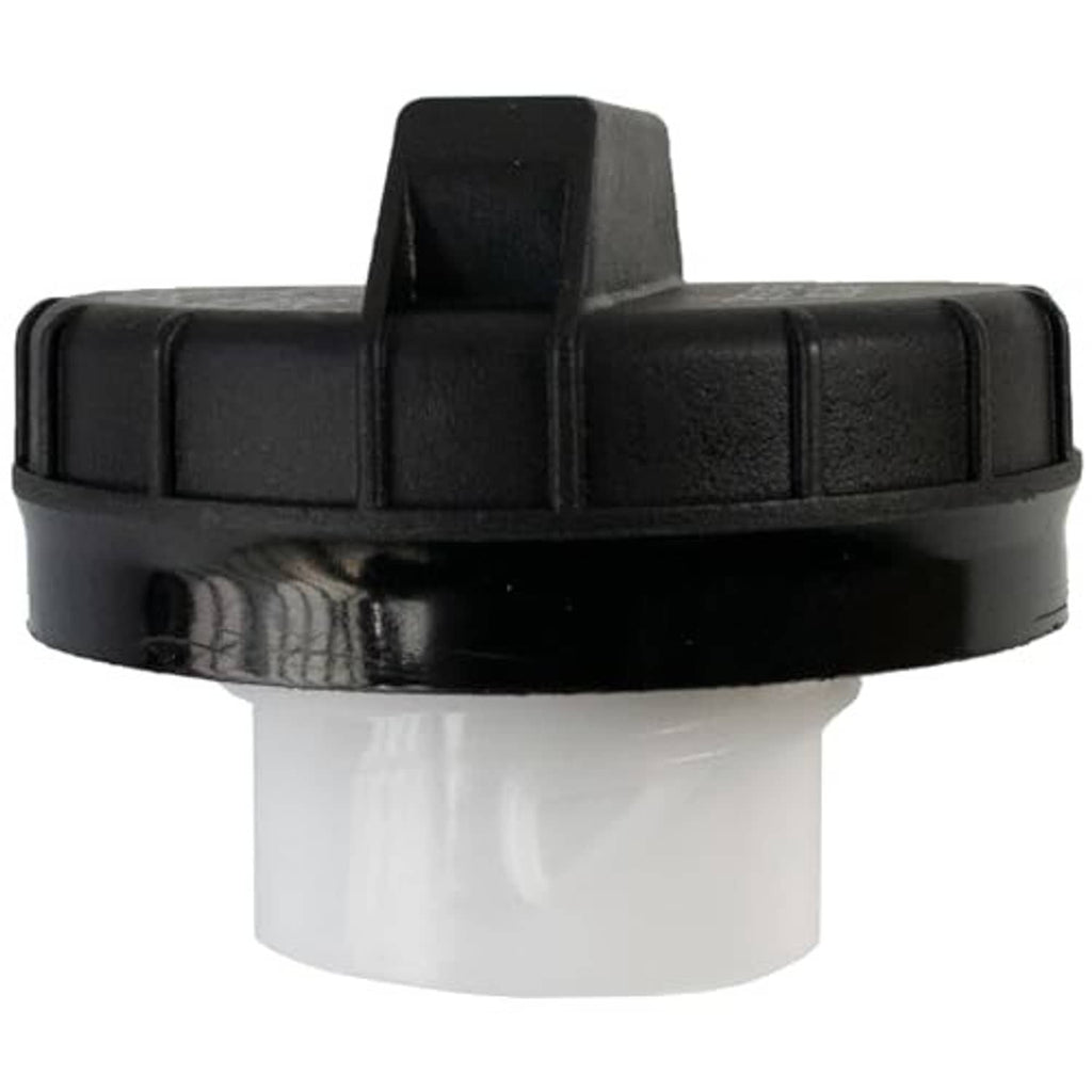 Black fuel tank gas cap side view with ribbed locking tabs and snap edge