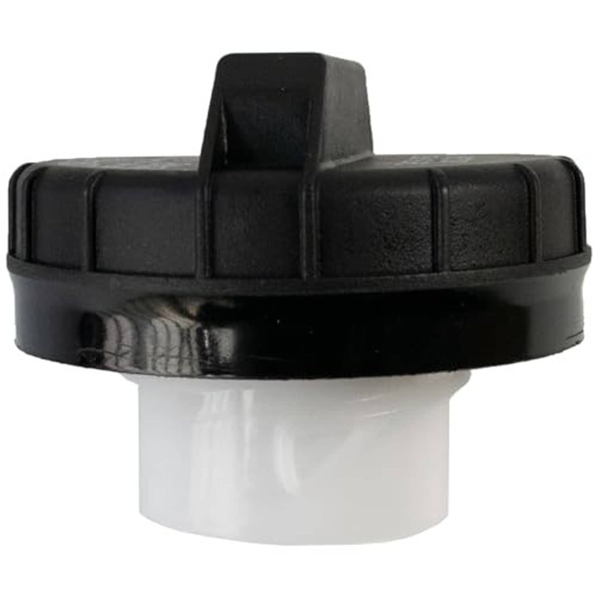 Black fuel tank gas cap side view with ribbed locking tabs and snap edge