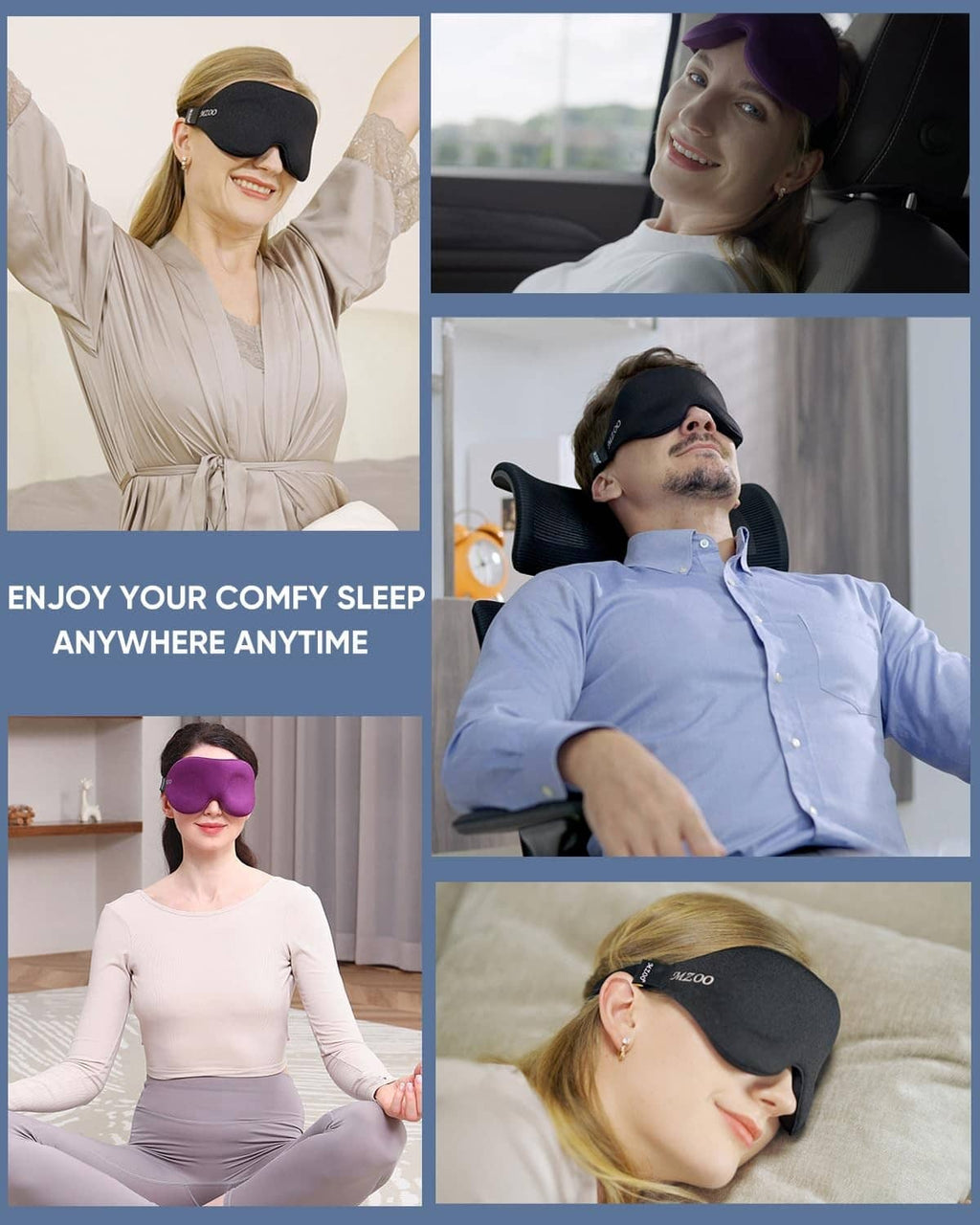 Black sleep eye mask worn by people in different positions