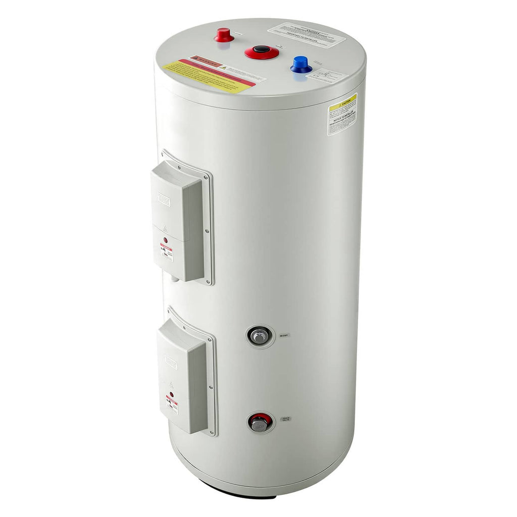 White electric water heater tank top controls with pressure gauge and side temperature dial