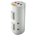 White electric water heater tank top controls with pressure gauge and side temperature dial