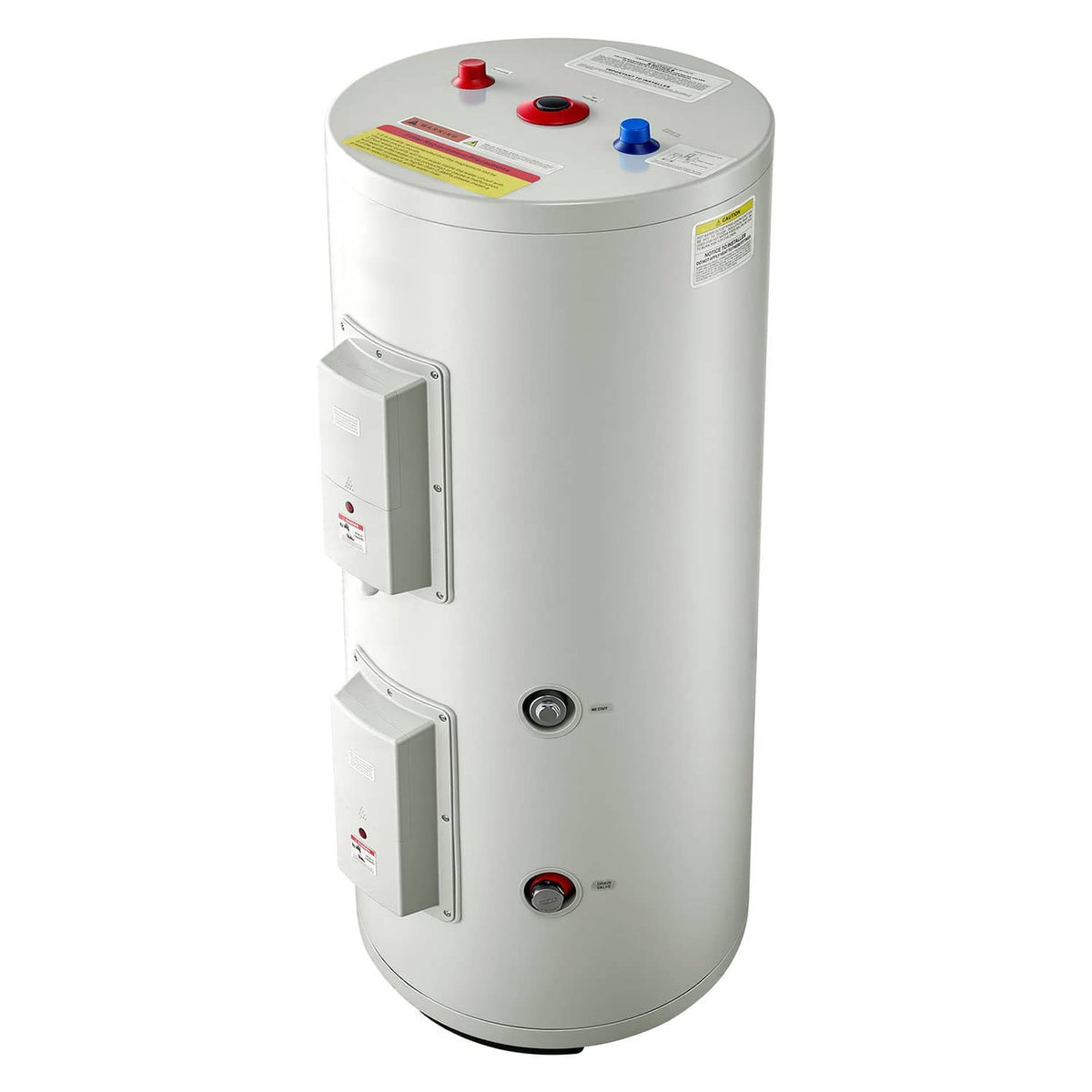 White electric water heater tank top controls with pressure gauge and side temperature dial