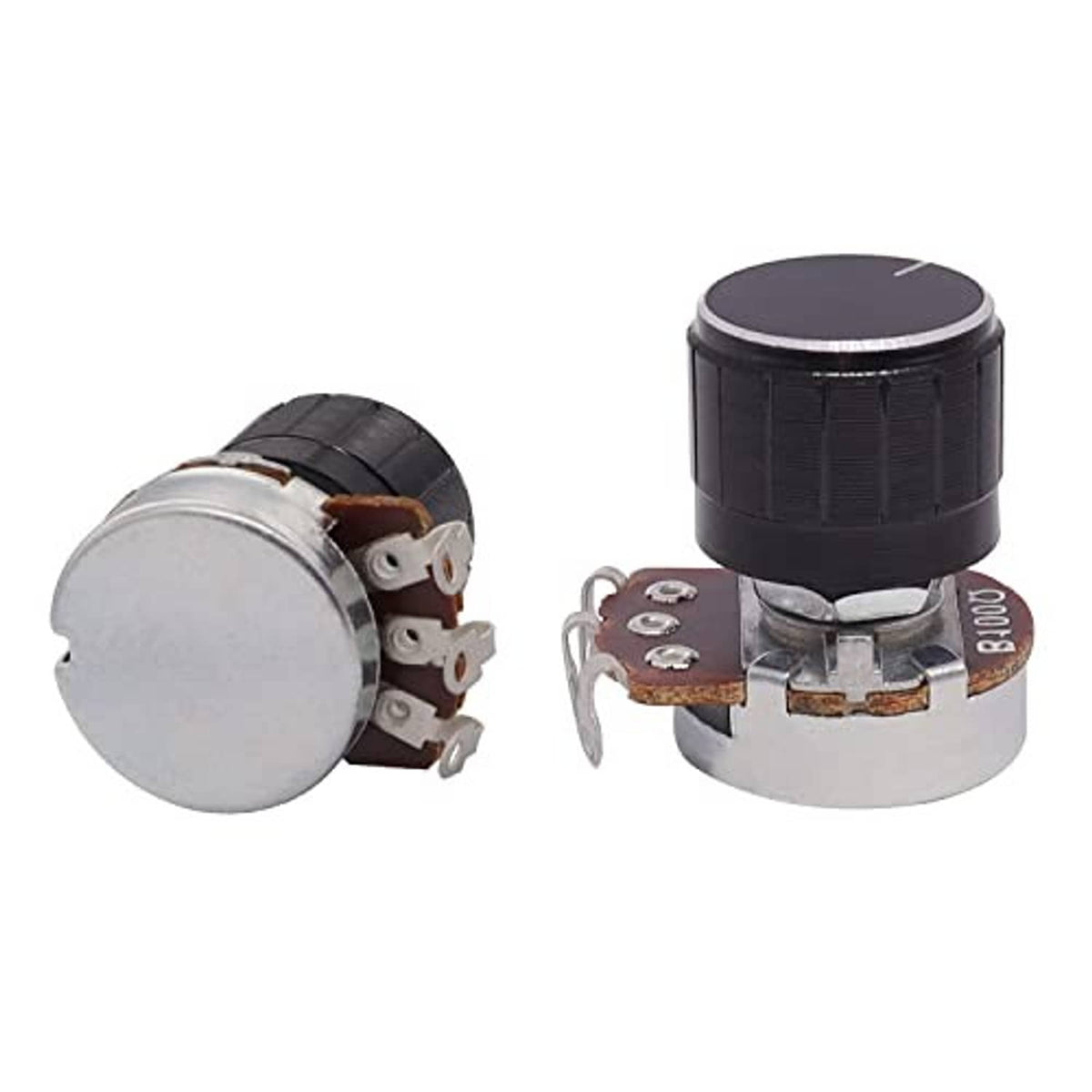 Rotary potentiometer pair: black knobs with metal shafts and underside terminal pins