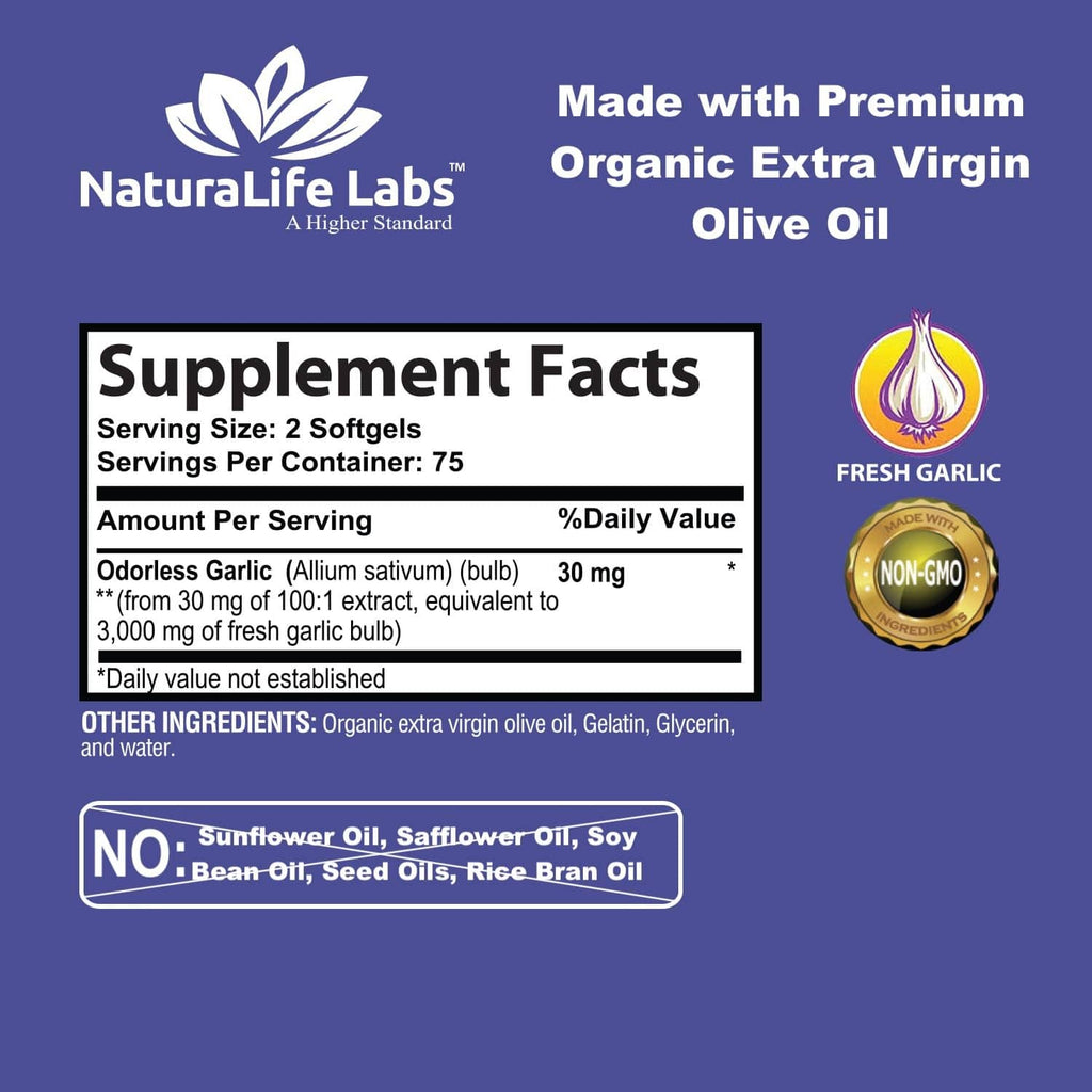 Garlic supplement label: Supplement Facts panel with organic extra virgin olive oil