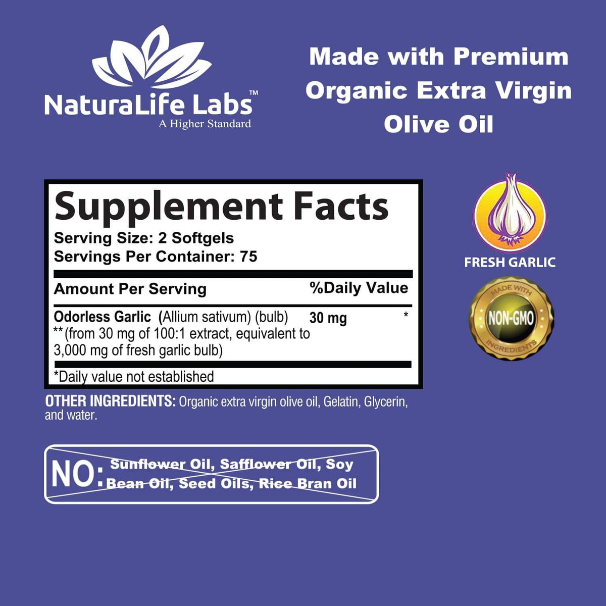 Garlic supplement label: Supplement Facts panel with organic extra virgin olive oil