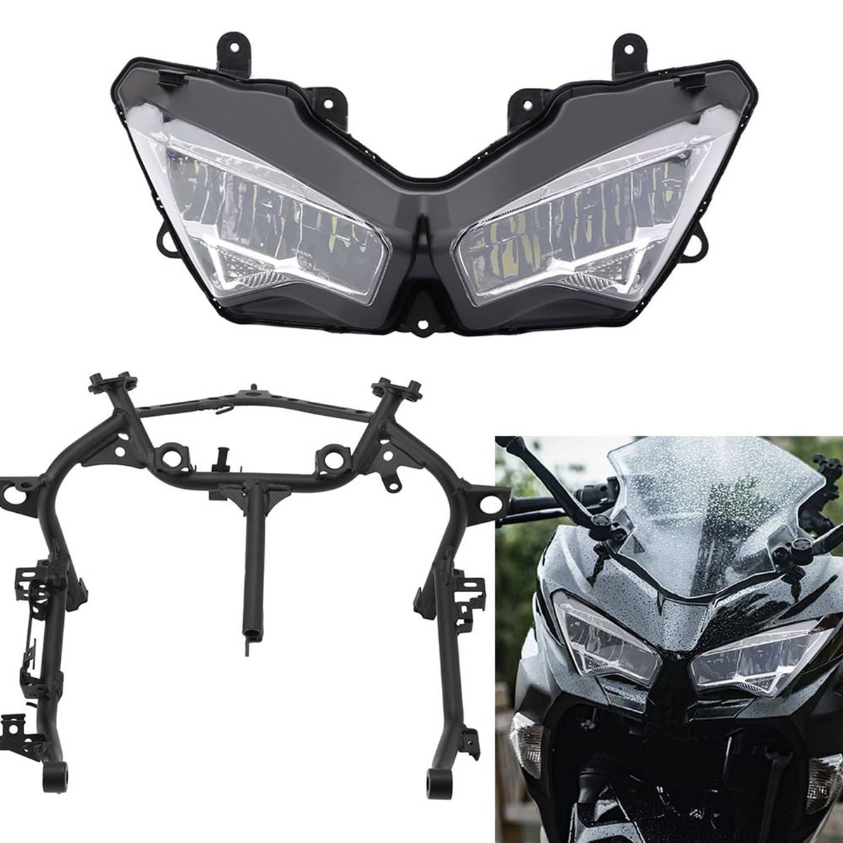 LED headlight and upper stay bracket kit with dual clear lenses and black support frame