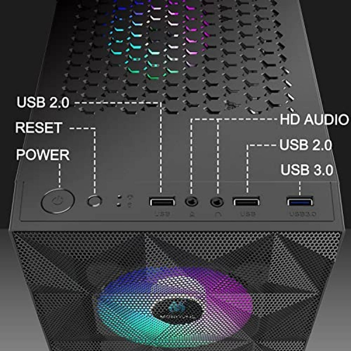 ATX PC case top I/O area with multiple port connections and a front mesh grille