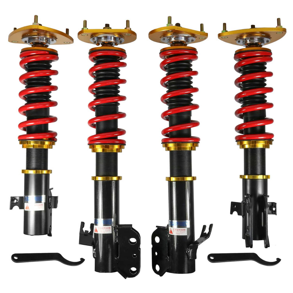 Coilover strut shock absorber set, four units with red springs and gold tops