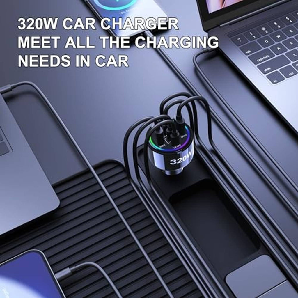 Black 320W USB-C car charger with multiple cables and glowing port ring