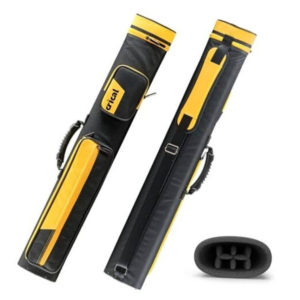 Black and yellow hard pool cue case with carry handle and closure, plus end insert