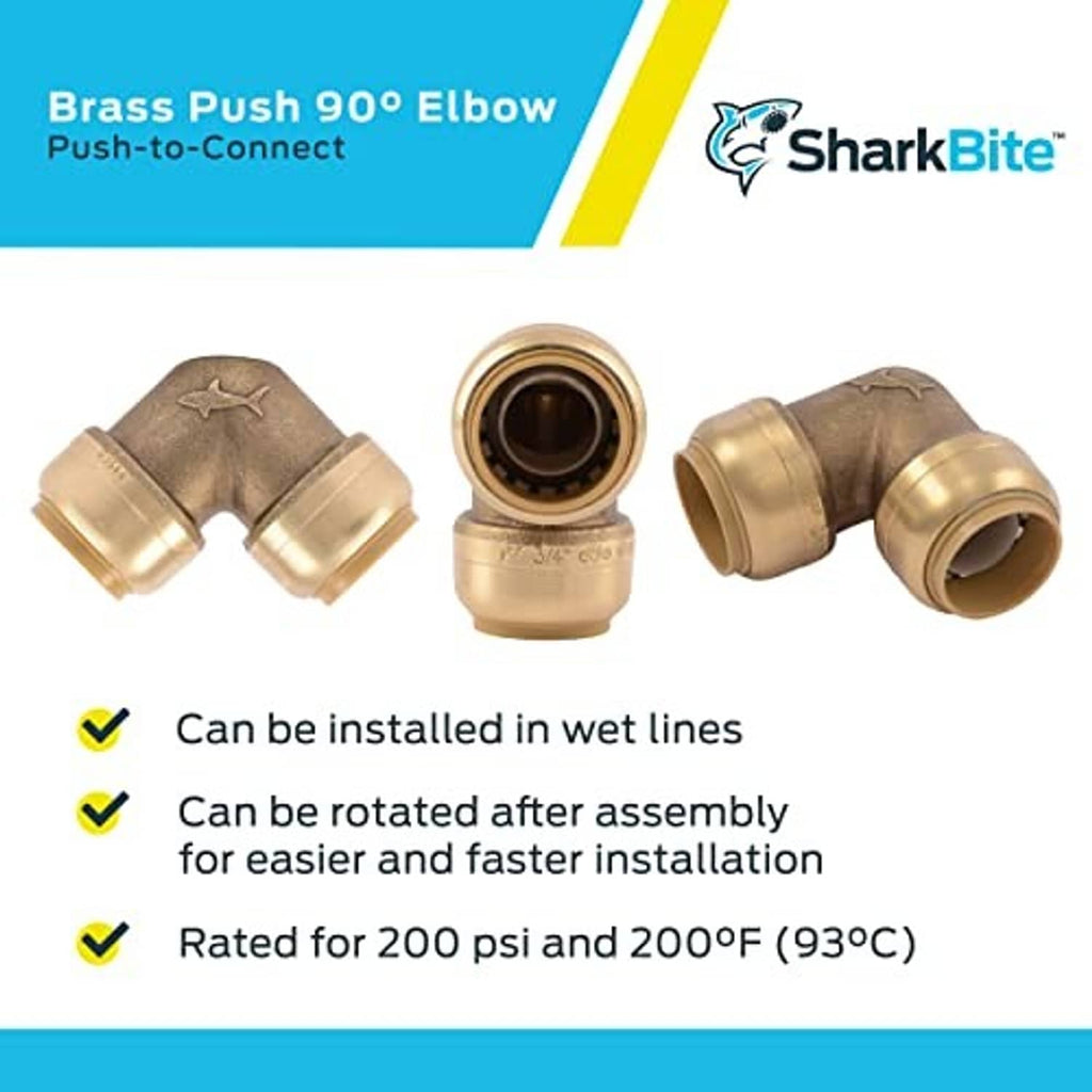 Brass 90° push-to-connect elbow fitting with two-port connector