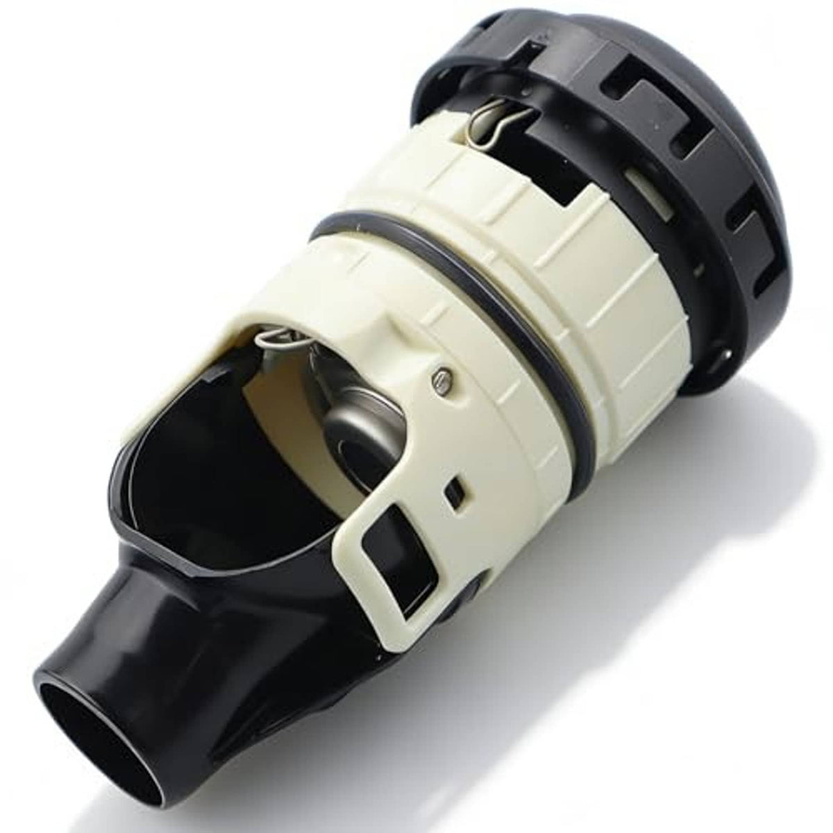 Fuel tank cap assembly with off-white cylindrical body and black top rim