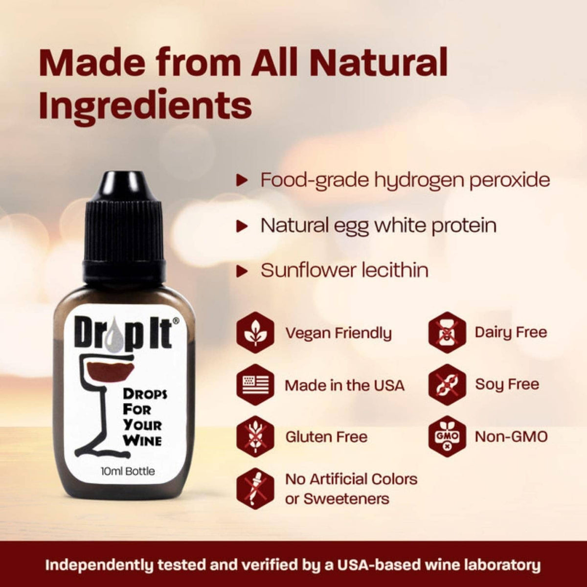 Drop It natural ingredients wine drops, black-capped 10ml bottle with label badges