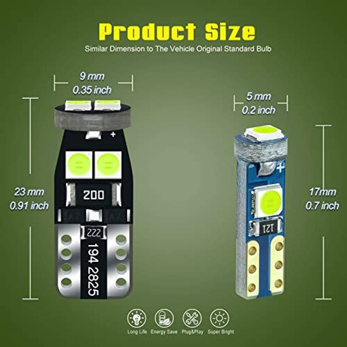 Ice blue LED bulb size diagram with two compact bulb styles shown