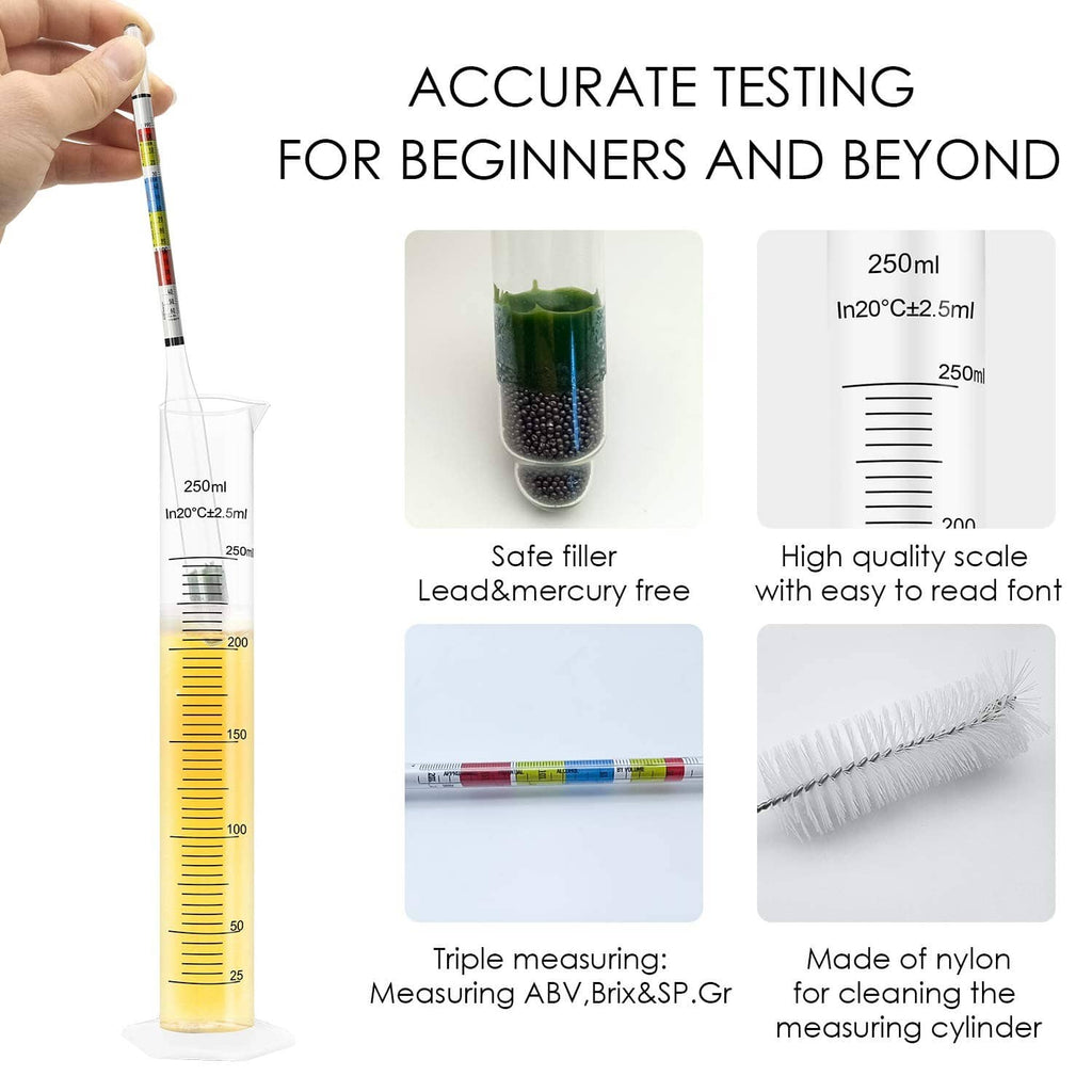 Triple scale alcohol hydrometer and 250 ml measuring cylinder for home brewing testing