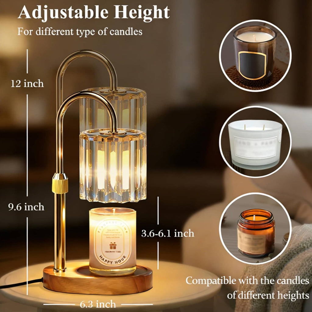 Adjustable height candle warmer lamp with clear glass cylinder and lit candle jar