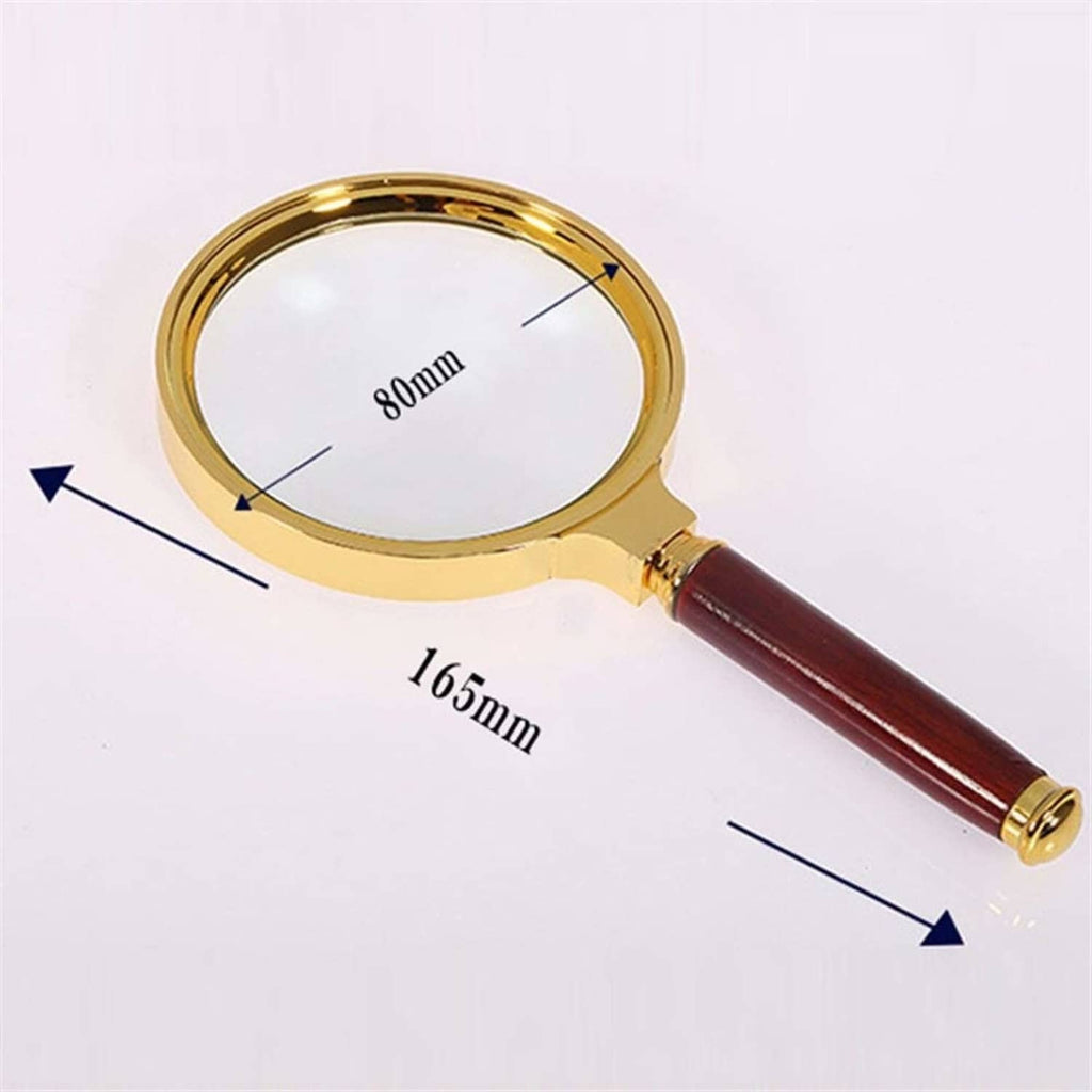 80mm magnifying glass with gold lens frame and red handle, shown with size guides