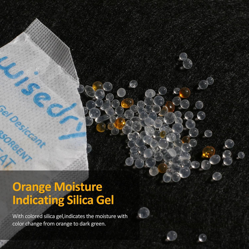 Wisedry silica gel desiccant sachet with loose silica beads showing orange moisture