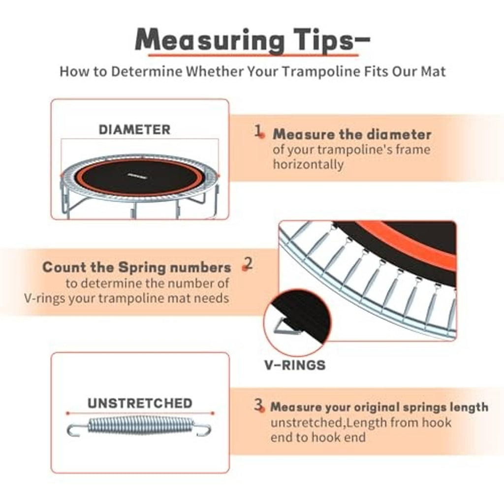 Trampoline mat sizing guide for 10FT fit, diagram shows diameter and V-ring counting