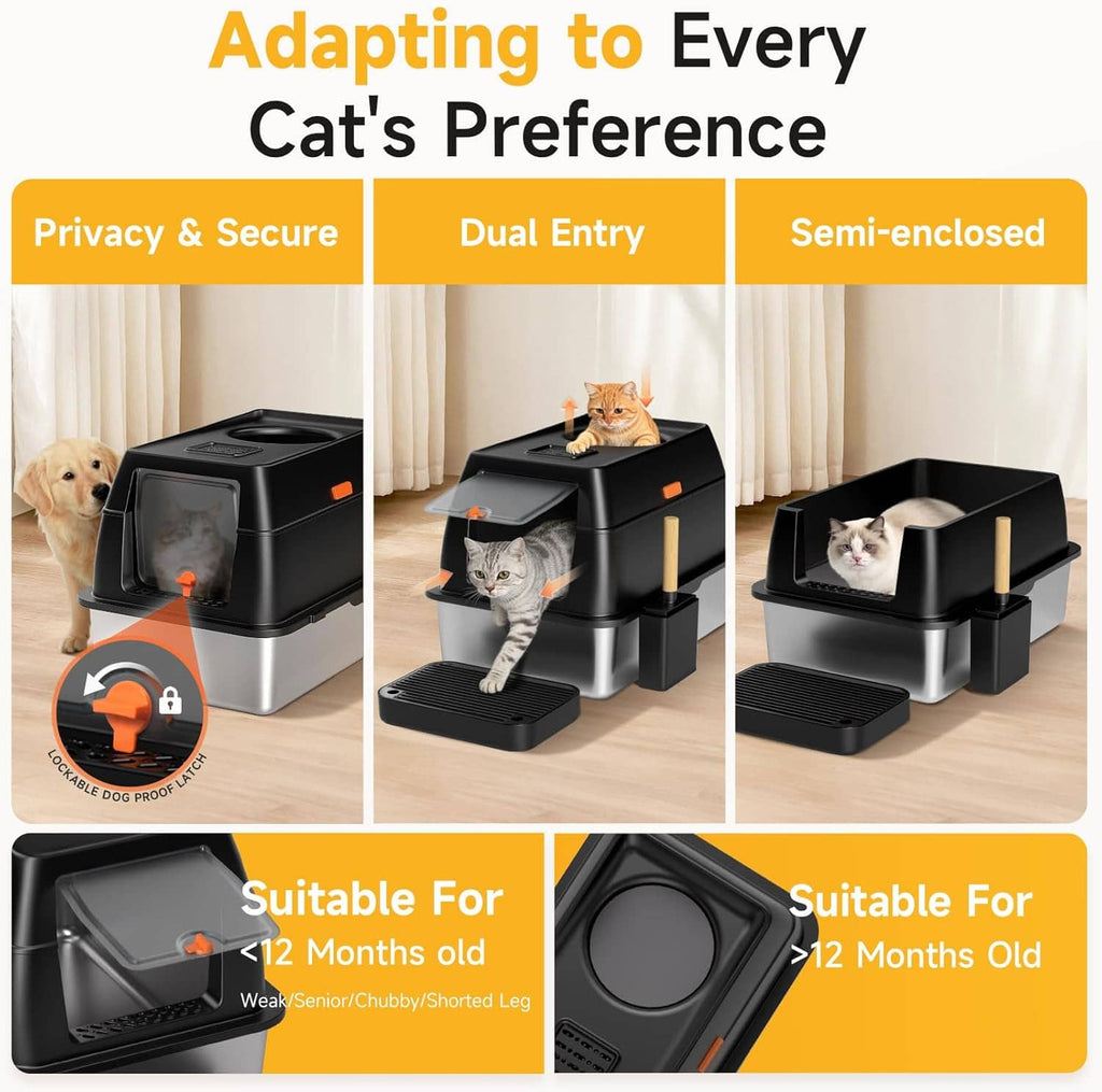 Enclosed cat litter box with lid, dual entry openings, and covered litter tray