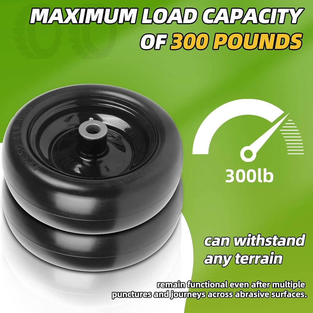 Stacked black flat-free lawnmower tires on steel wheel hubs