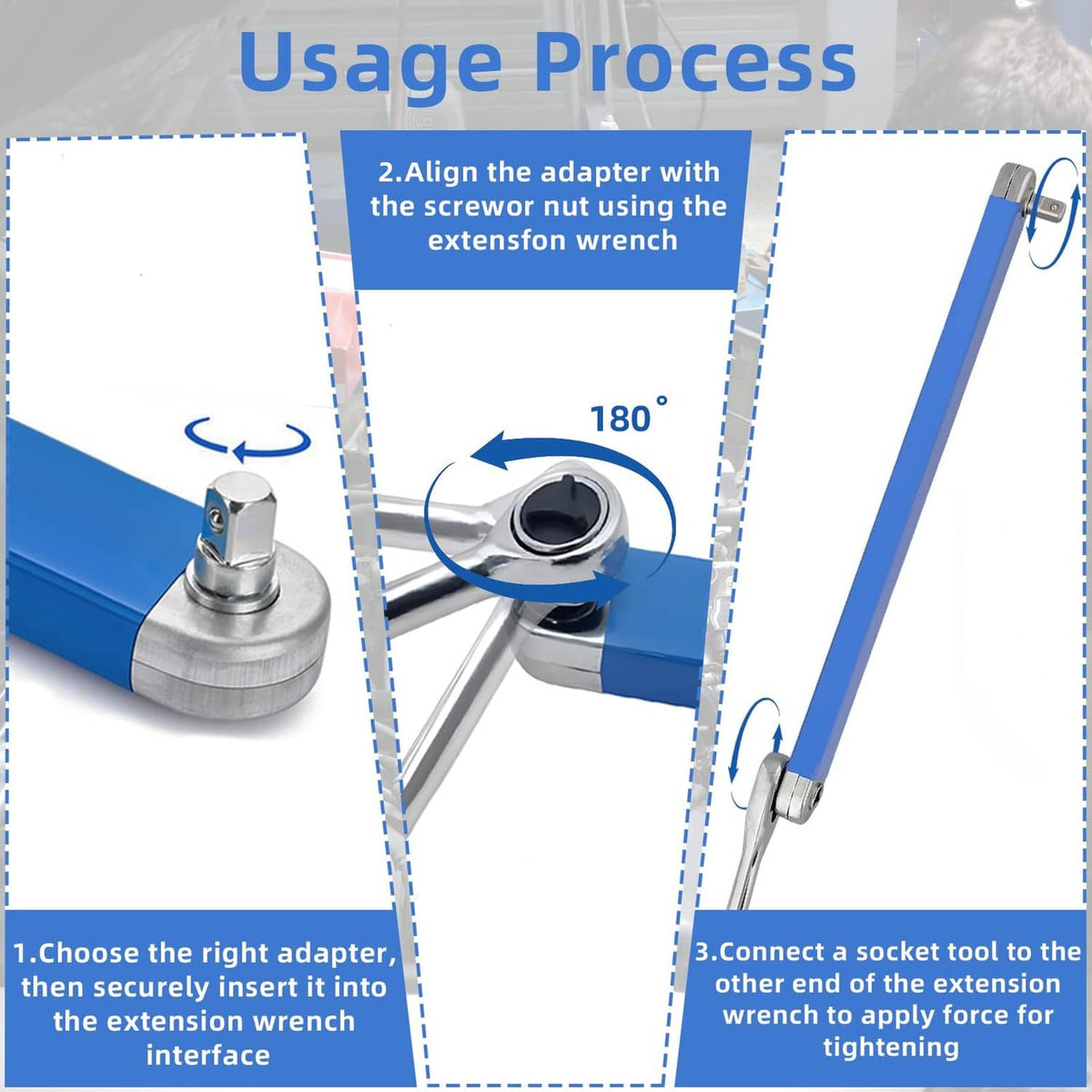 Blue offset extension wrench with 180° offset head for connecting socket tools