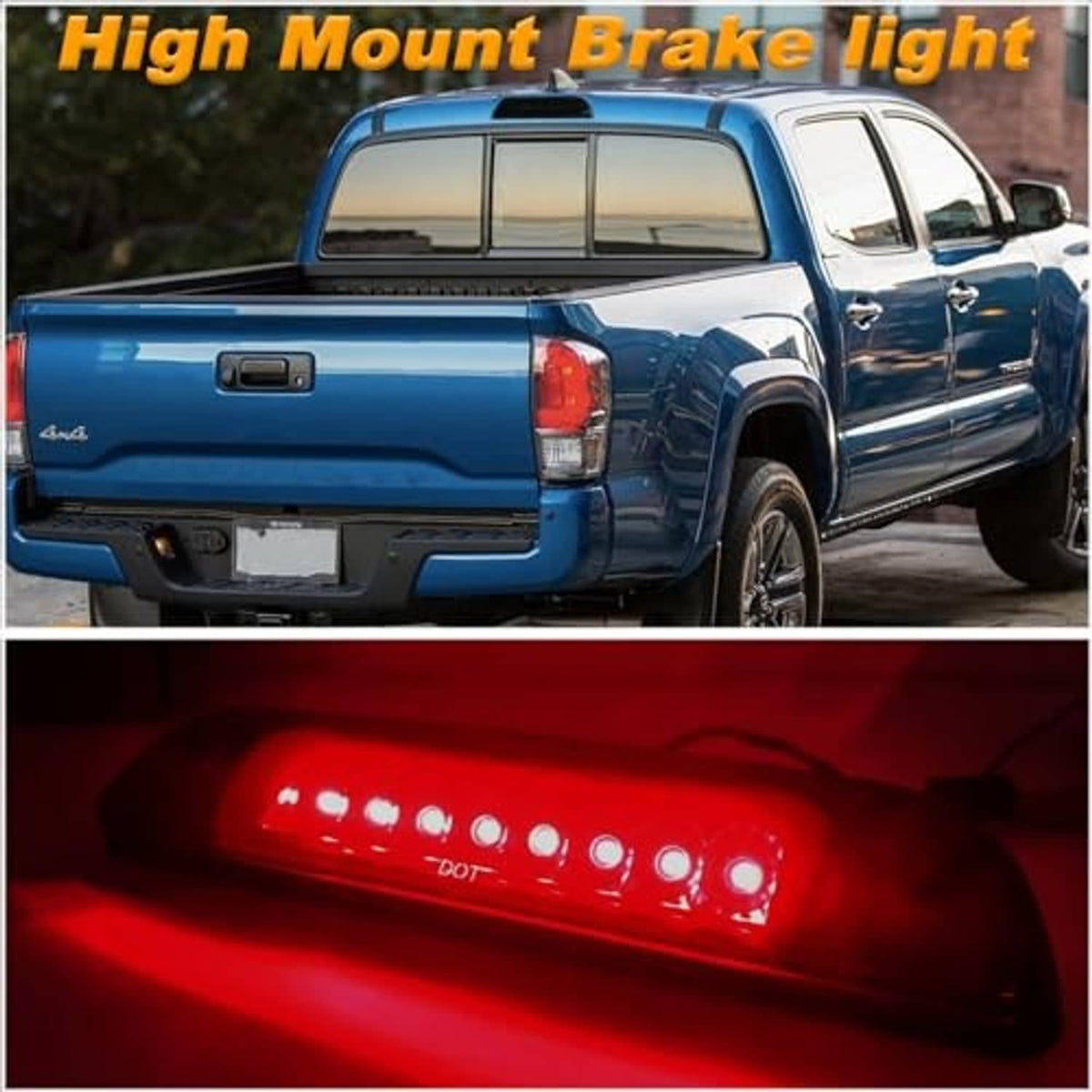 High mount LED third brake light assembly lit red on pickup tailgate