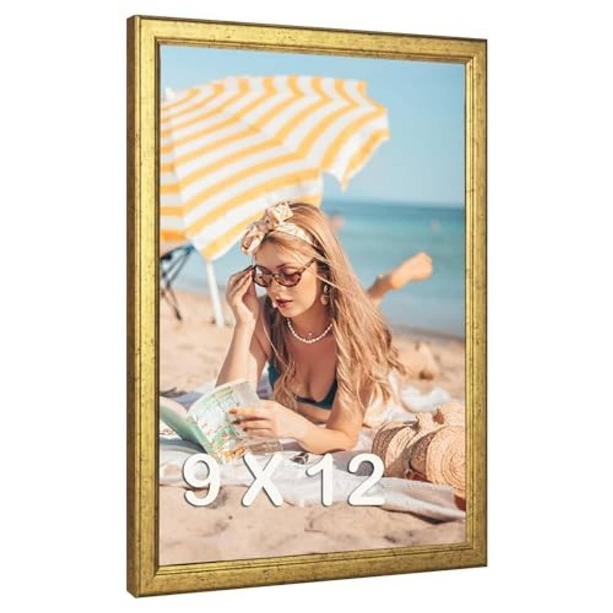 Ornate gold wood poster frame with 9x12 photo opening, front view