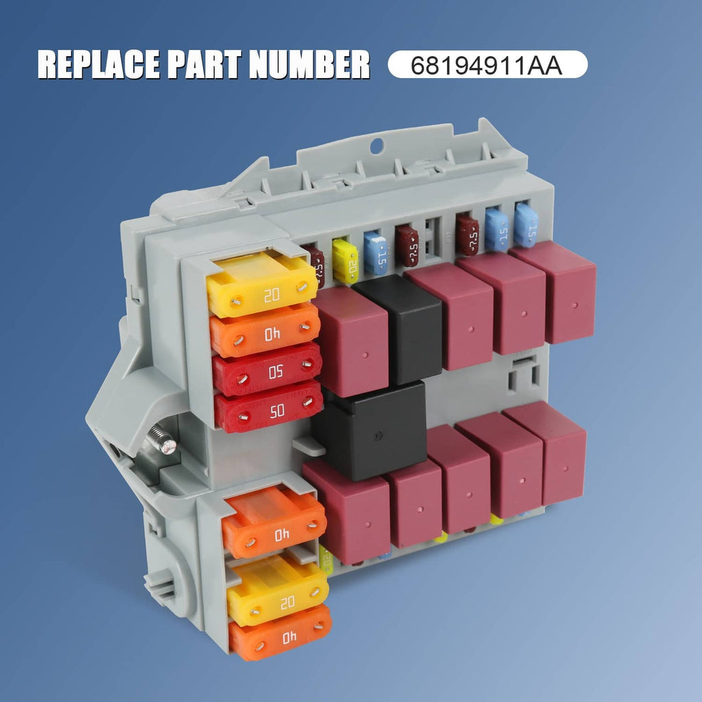 Automotive fuse box with red and black fuse modules and small orange/blue fuses, angled.