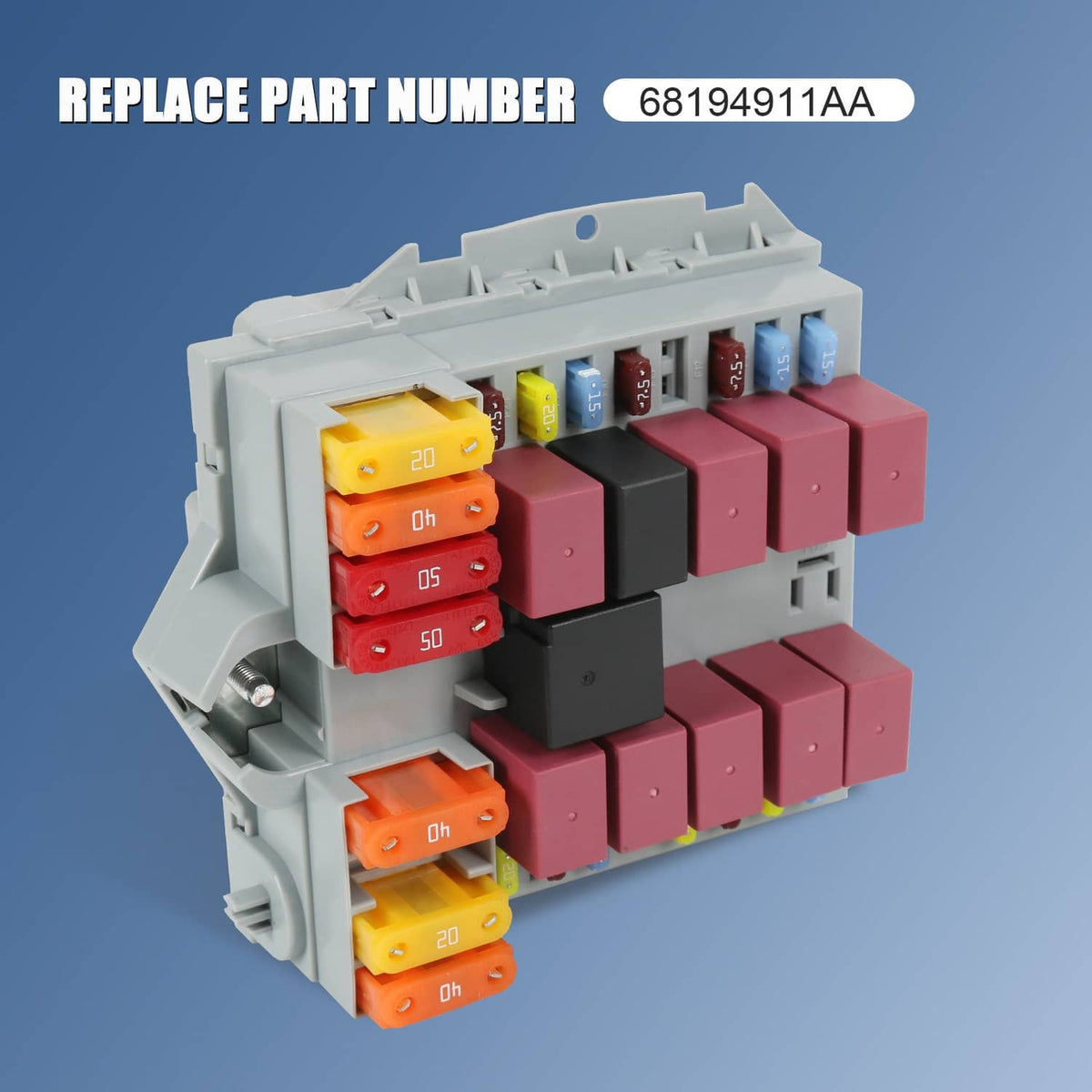 Automotive fuse box with red and black fuse modules and small orange/blue fuses, angled.