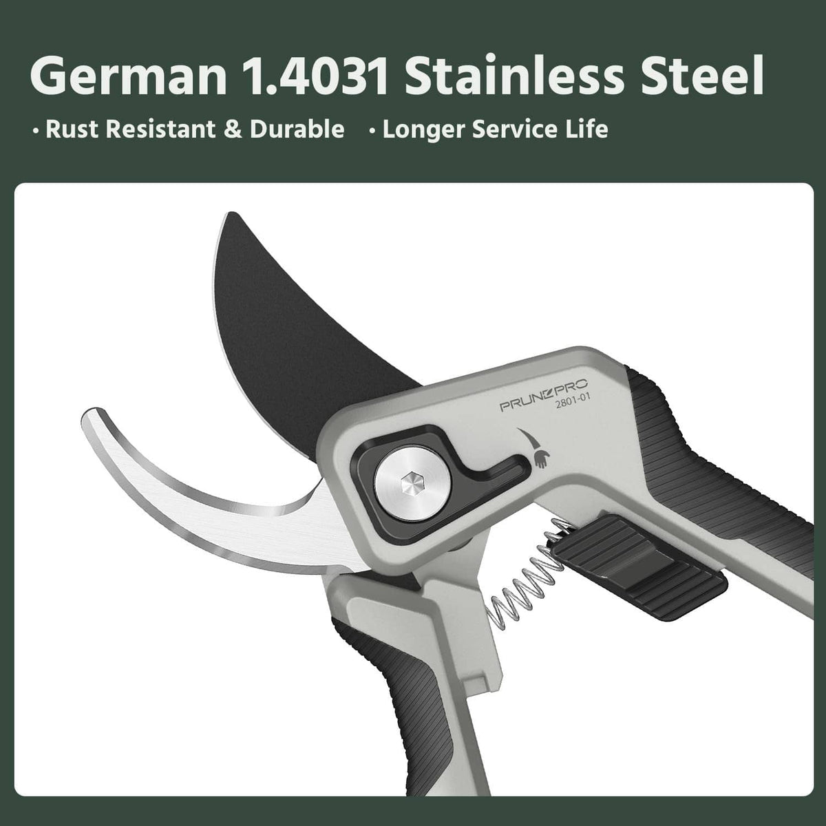 Bypass pruning shears close-up, grey metal blades and black textured handle grips