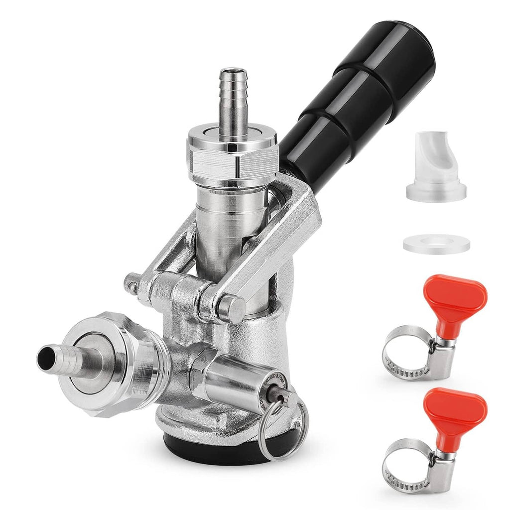 Stainless steel keg coupler D system with black probe handle and hose clamp accessories