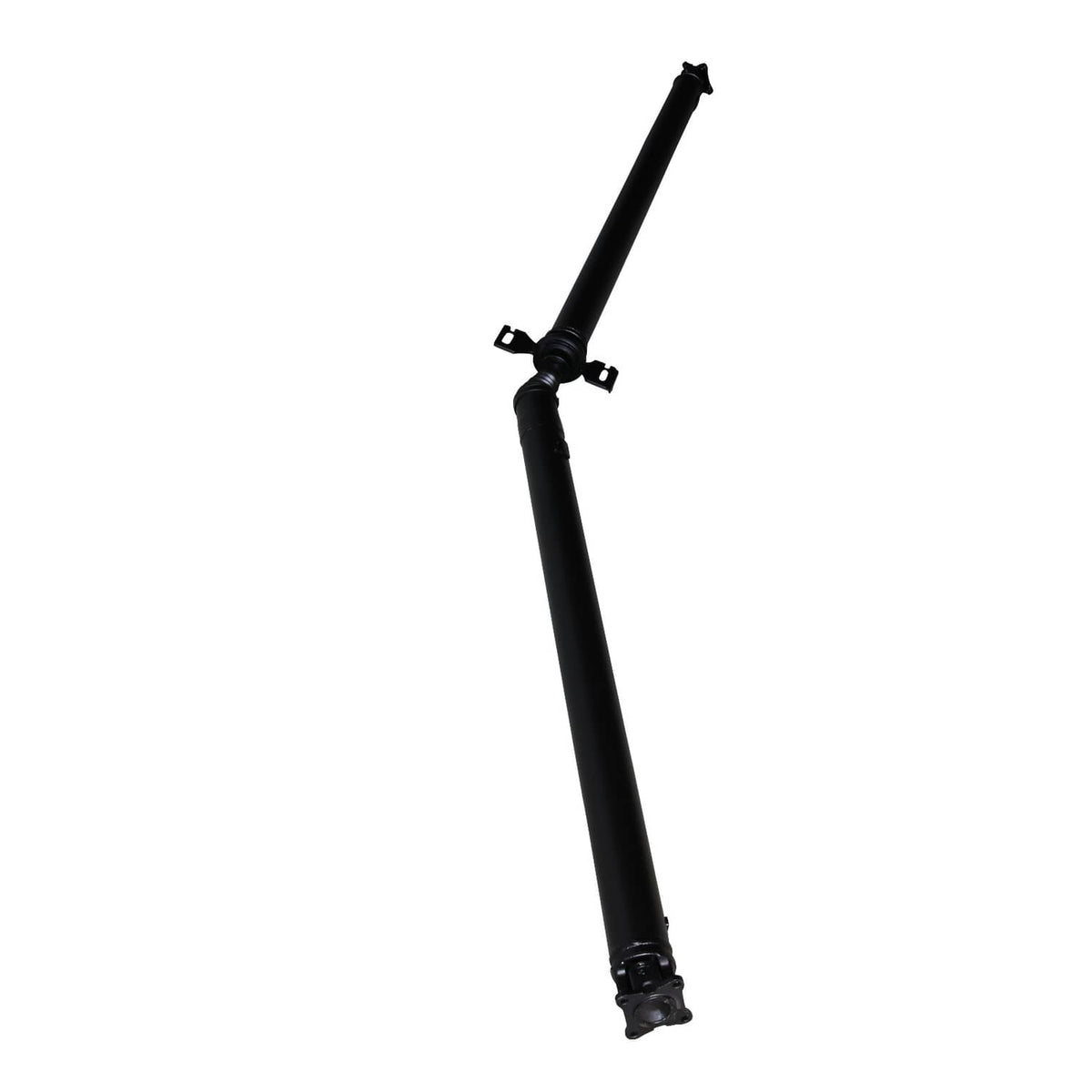 Black rear prop shaft with center support joint and end flange.