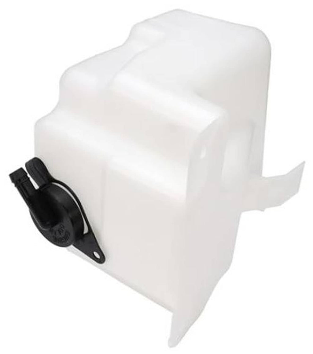 Non-pressurized coolant reservoir with black cap, white plastic tank